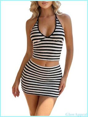 Women's Striped Knit 2 Piece Crop Top & Mini Skirt Set Halter Backless